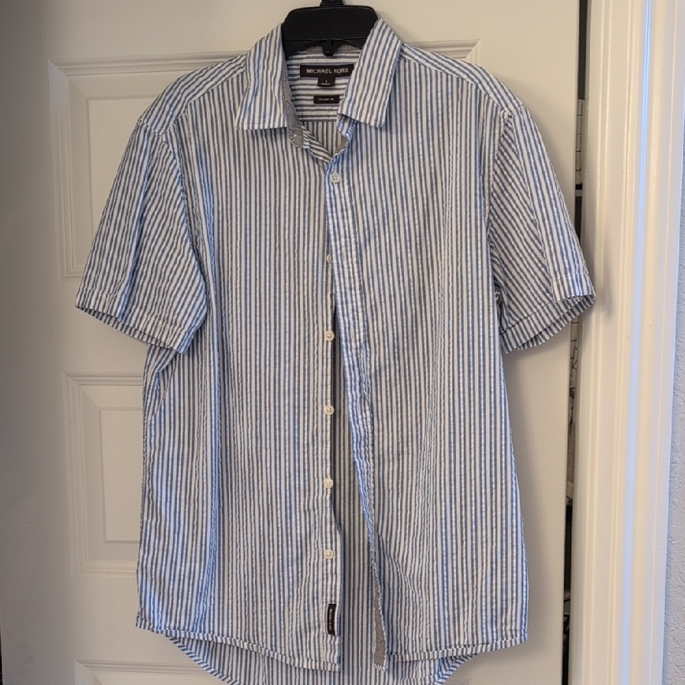 Michael Kors Men's White and Blue Striped Shirt